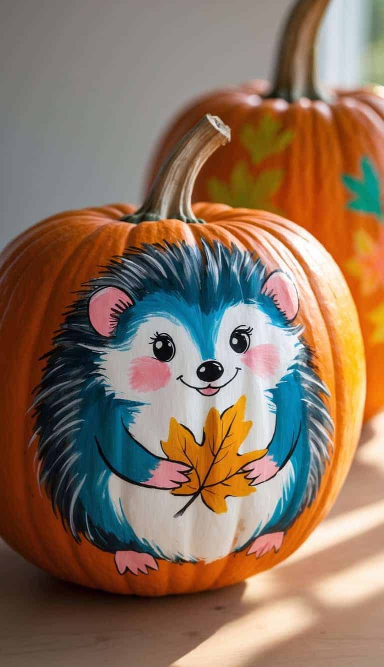 Close-up of one or two pumpkins painted with a cute hedgehog holding a leaf on a tabletop.