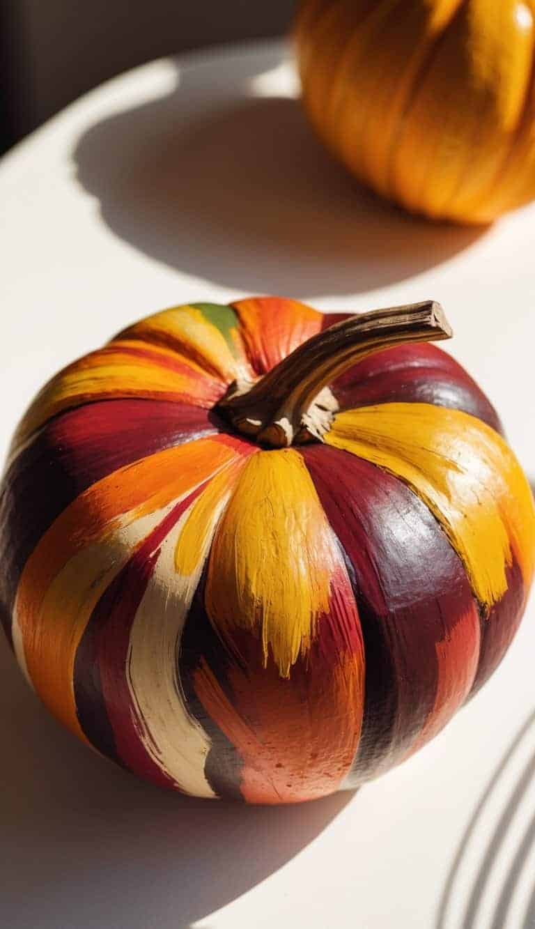 Close-up of one to two pumpkins painted with colorful Thanksgiving designs on a simple tabletop.