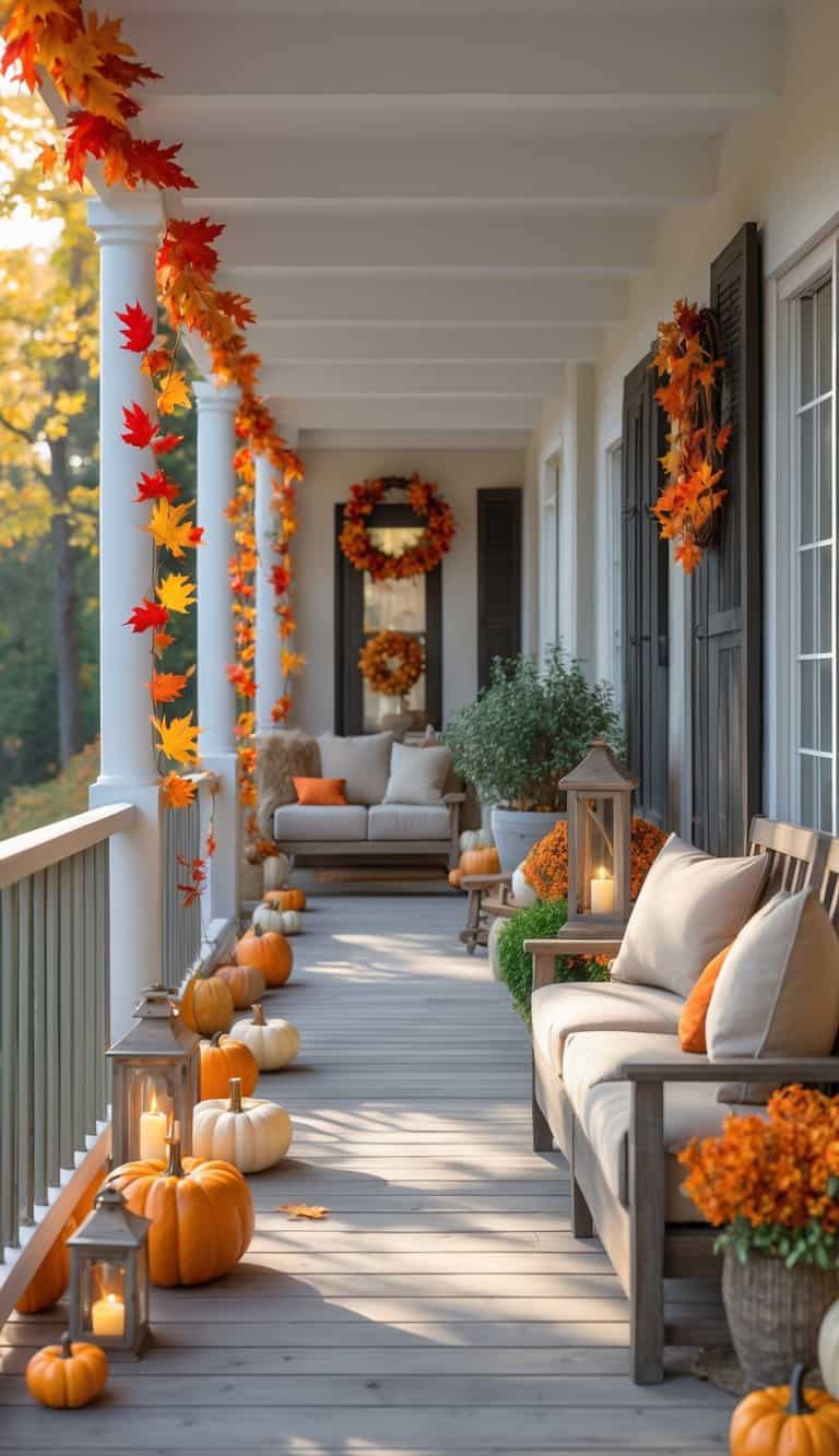A residential balcony or patio decorated with colorful fall leaf garlands, pumpkins, lanterns, and a wreath, bathed in bright natural light.