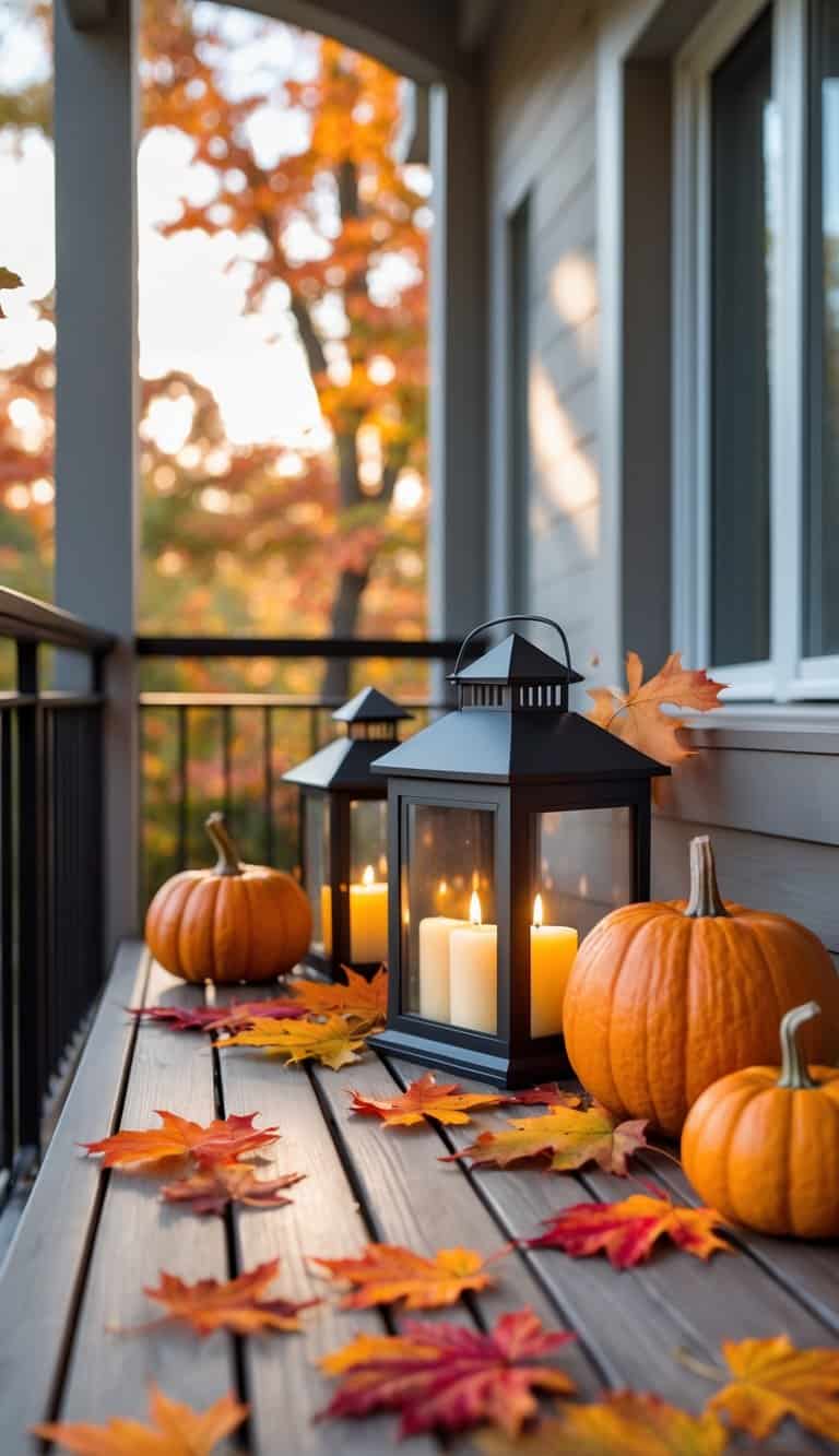 Pumpkins, autumn leaves, and two lanterns with lit candles are arranged on a wooden porch table with fall trees in the background.
