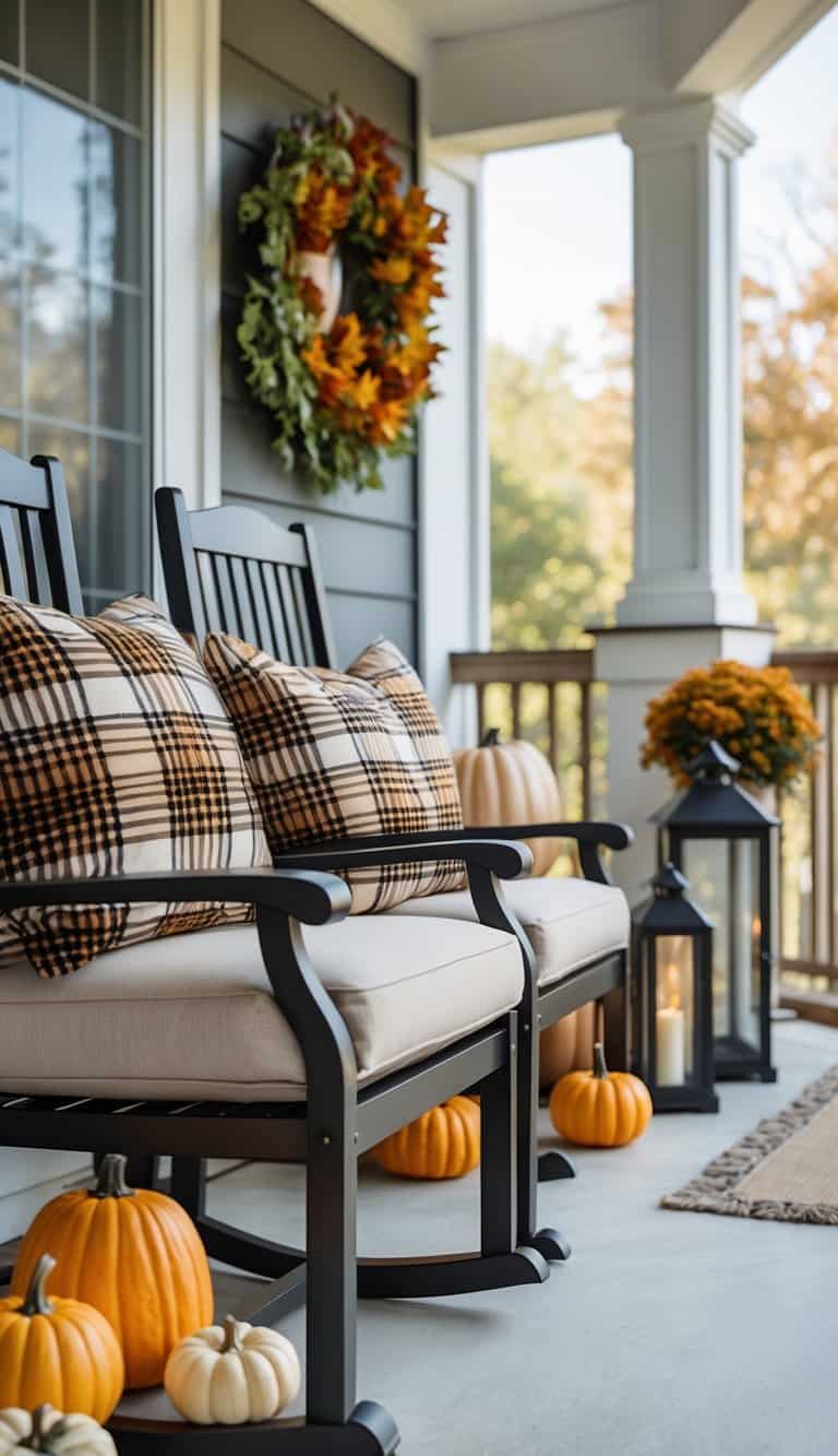 A residential patio with porch chairs holding plaid pillows, pumpkins, lanterns, and a wreath in bright daylight.