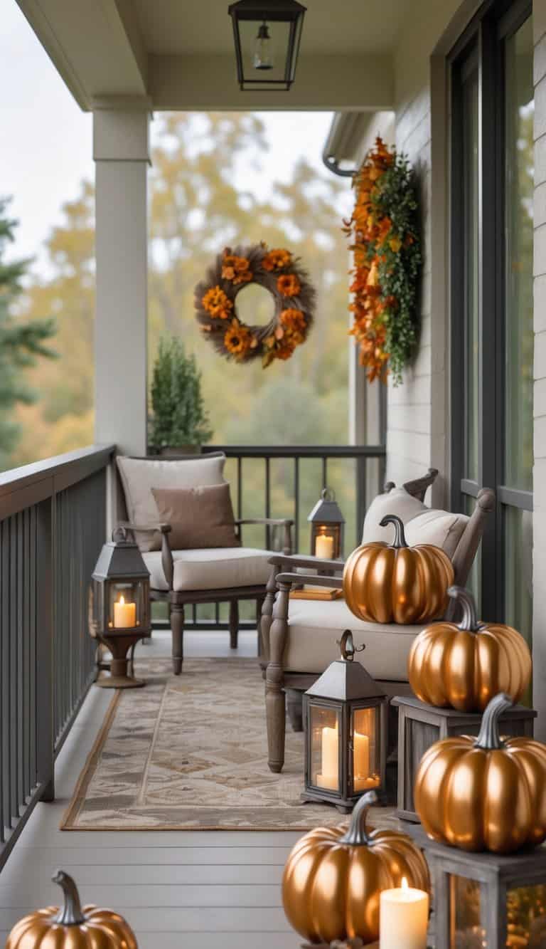 A residential balcony or patio decorated with metal pumpkin sculptures, lanterns, a wreath, and potted plants, bathed in bright natural light.