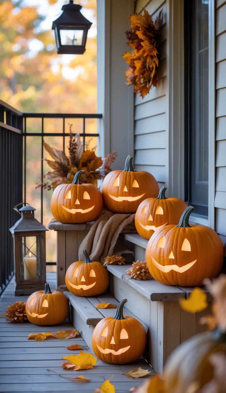 A residential balcony decorated with carved pumpkin lanterns, a fall wreath, and a rustic lantern in bright daylight.