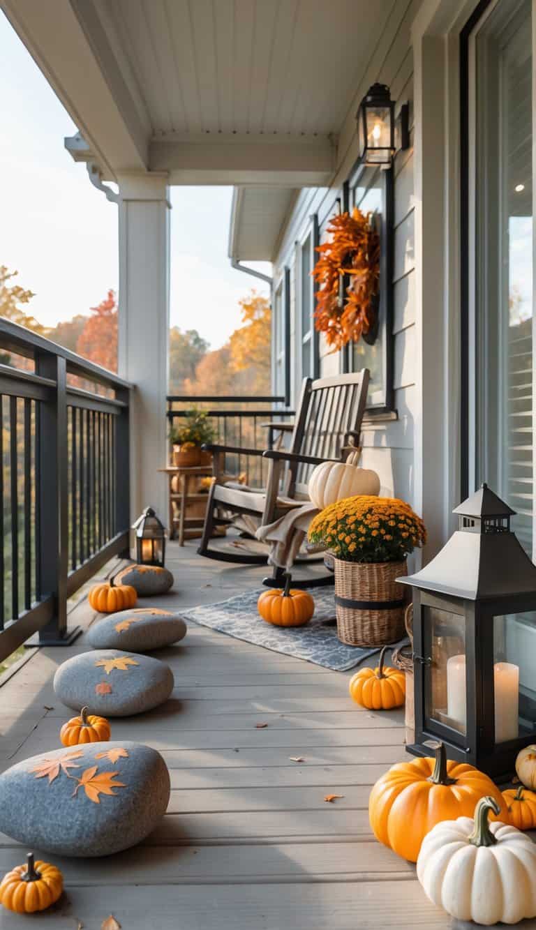 A residential balcony or patio decorated with pumpkins, lanterns, a wreath, and painted fall-themed rocks in bright natural light.