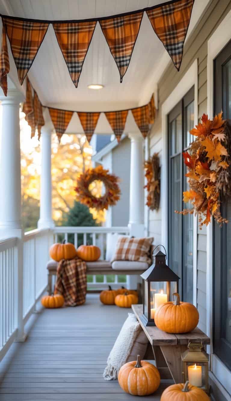 A residential balcony or patio decorated with plaid bunting, pumpkins, lanterns, and a wreath, bathed in bright natural light.