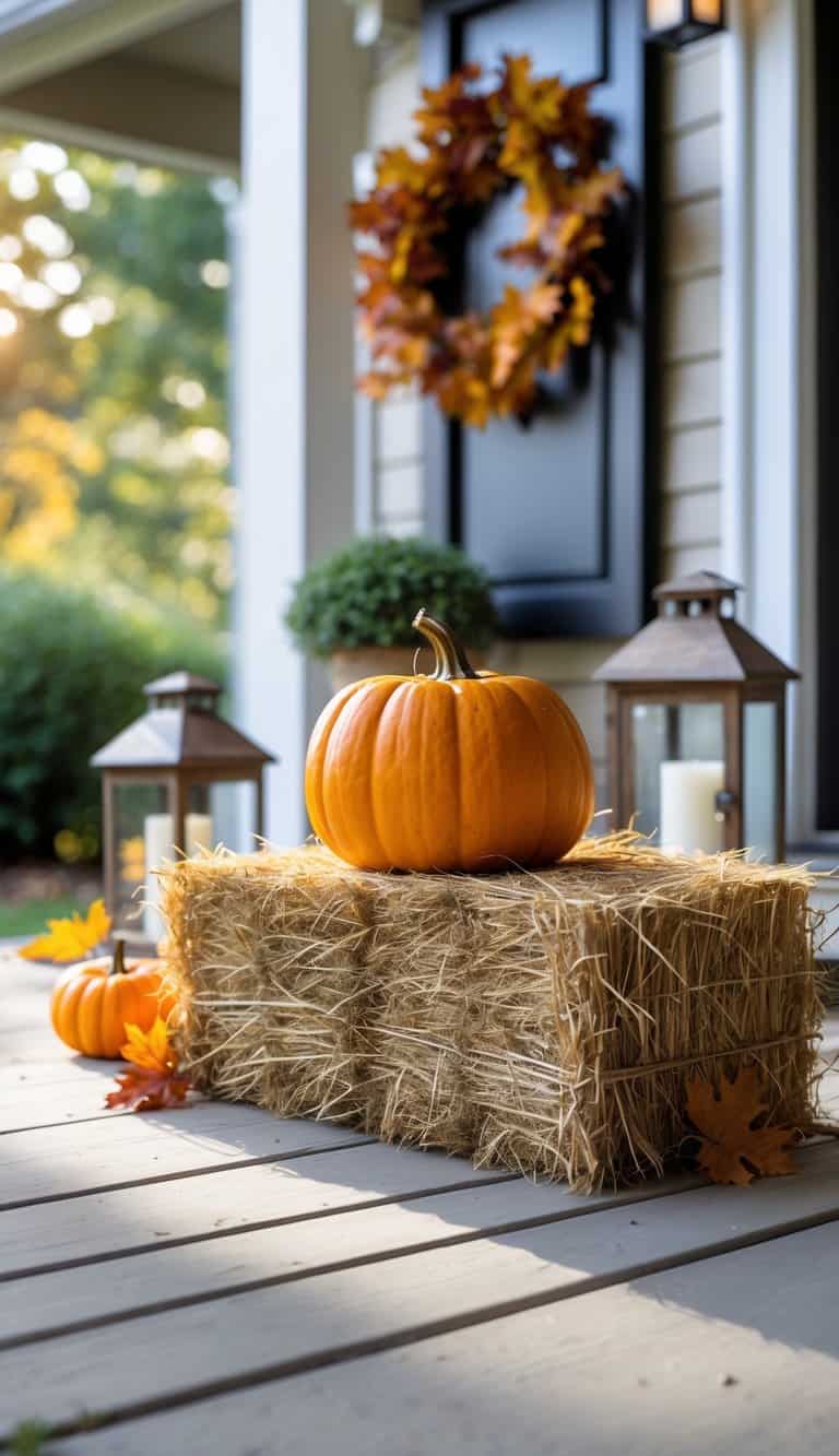 A residential backyard patio with a mini hay bale topped by a pumpkin, surrounded by fall decorations like lanterns and a wreath, in bright natural light.
