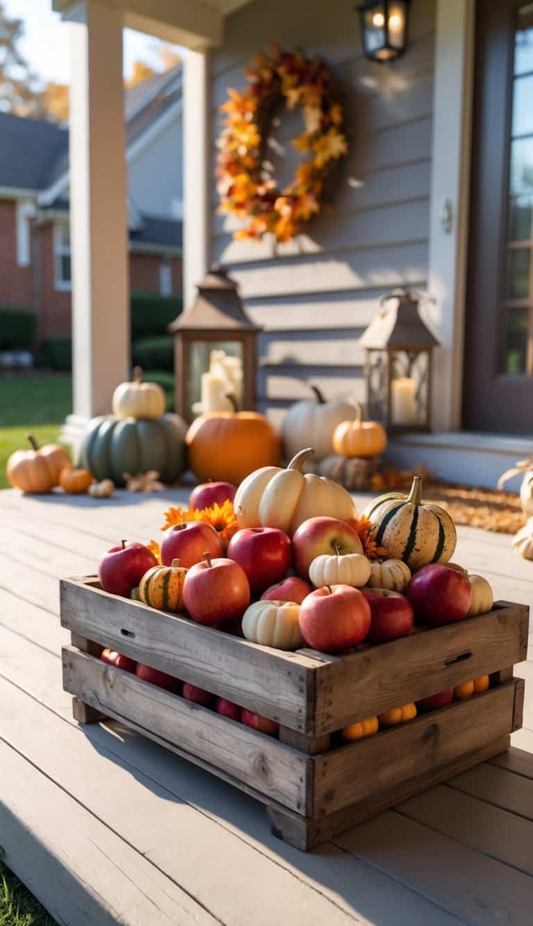 A wooden crate filled with apples and gourds on a backyard patio table surrounded by pumpkins and lanterns in bright natural light.