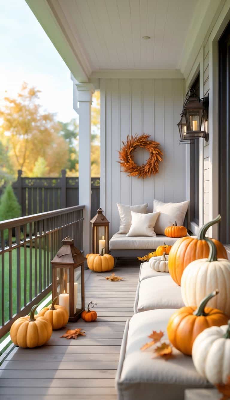 A residential balcony or patio decorated with pumpkins, lanterns, and a fall wreath, bathed in bright natural light.