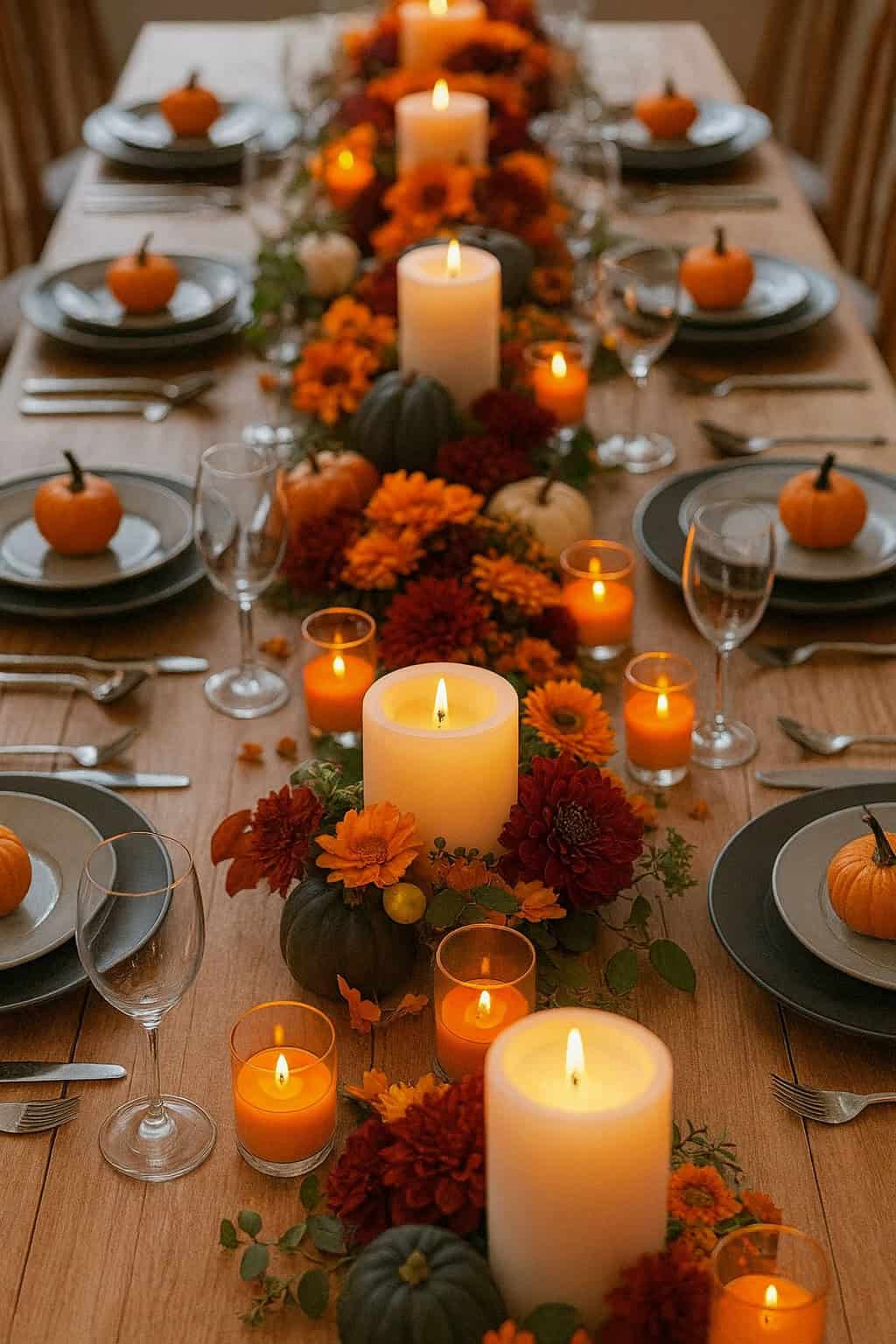 A dining table set for a meal, decorated with candles, orange flowers, small pumpkins, and autumn-themed tableware.