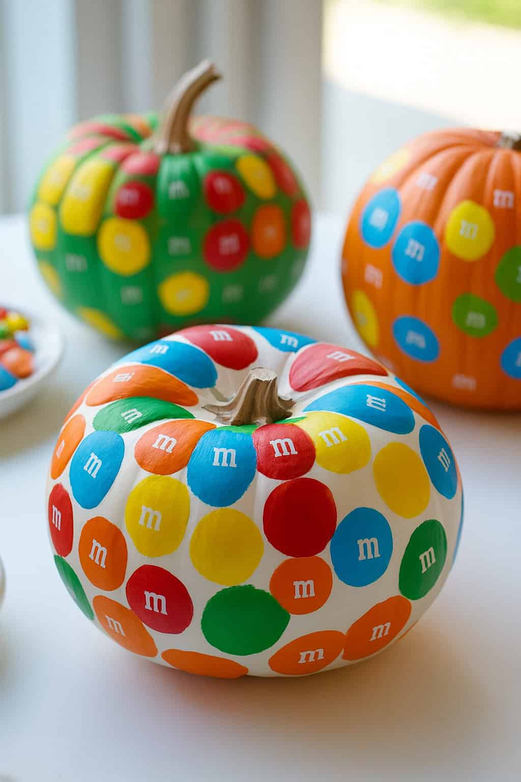 Three pumpkins are decorated with colorful polka dots resembling M&M candies, arranged on a white surface with a plate of real M&M's nearby.
