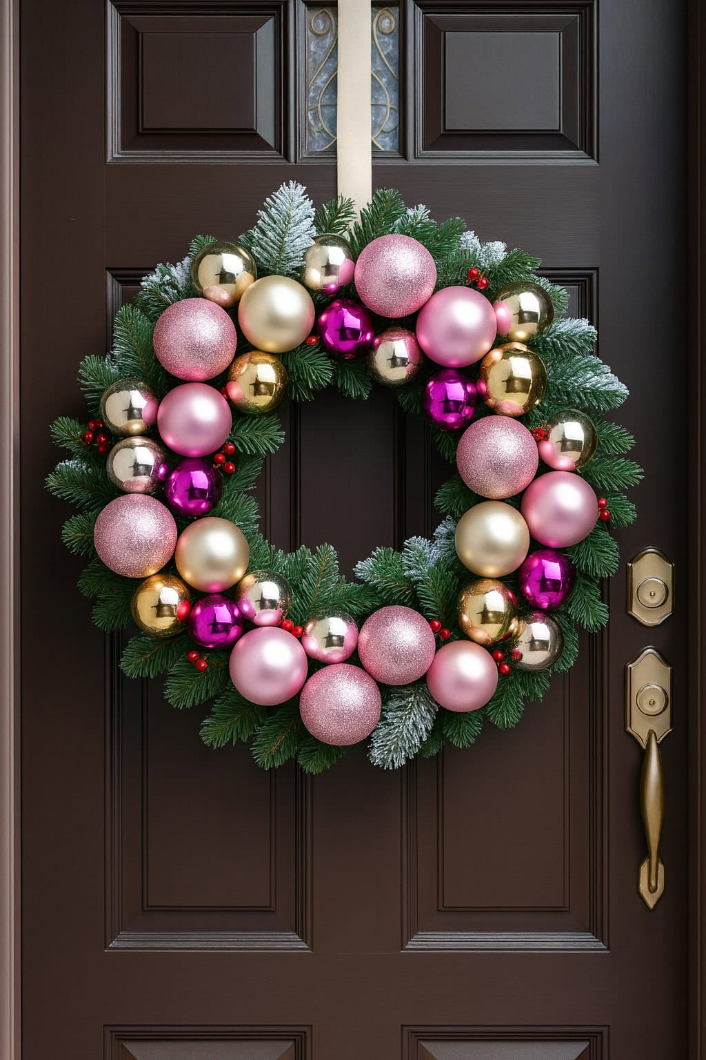 A green wreath decorated with pink, gold, and magenta ornaments hangs on a dark brown front door with brass hardware.