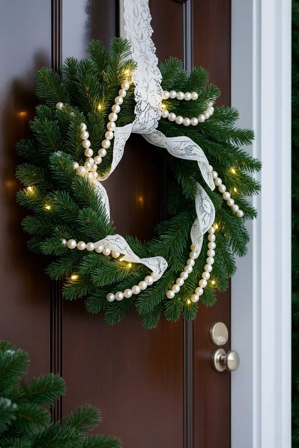 A green Christmas wreath decorated with white lace ribbon, string lights, and pearl garland hangs on a wooden door.