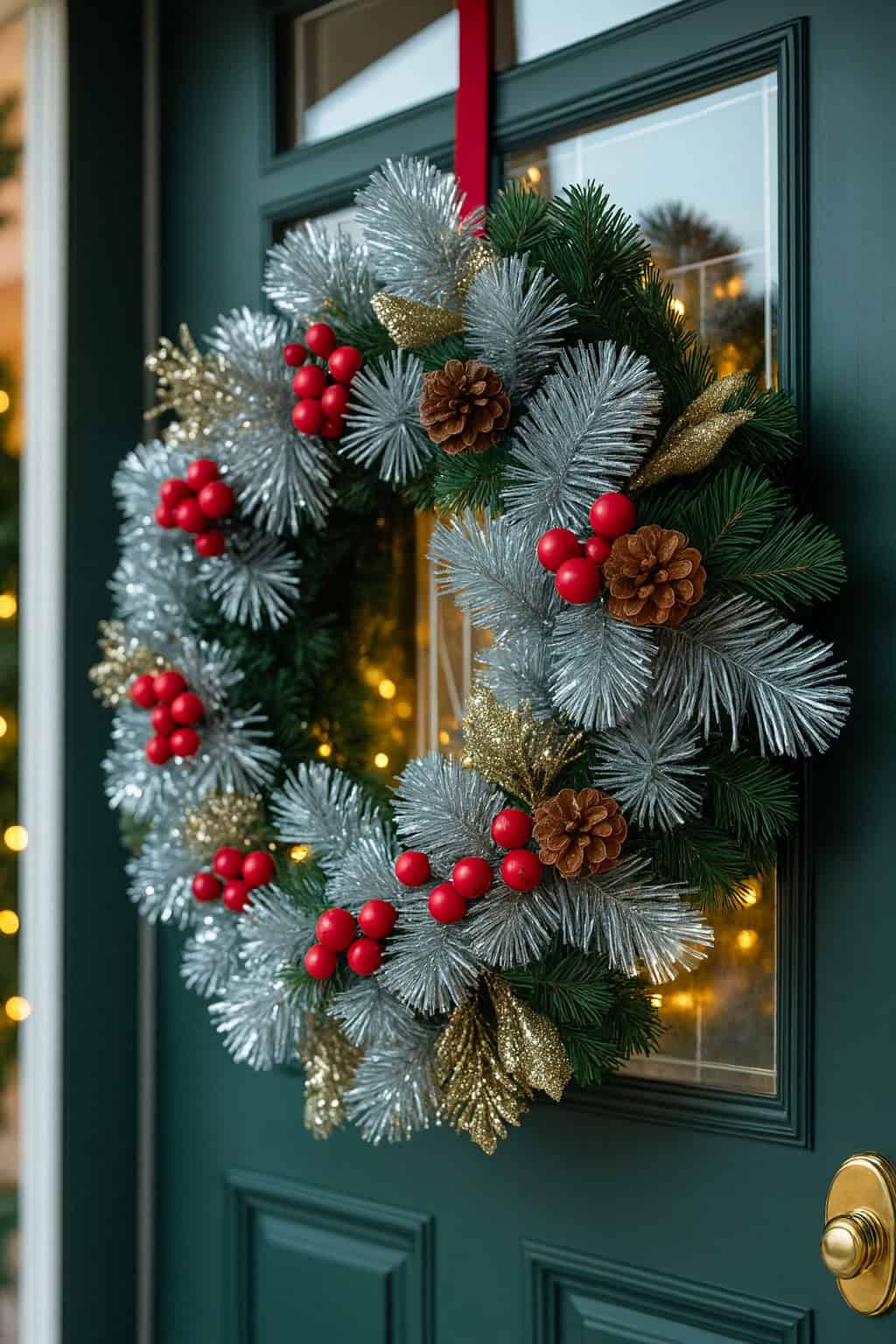A holiday wreath with silver and green branches, red berries, pinecones, and gold leaves hangs on a green door.