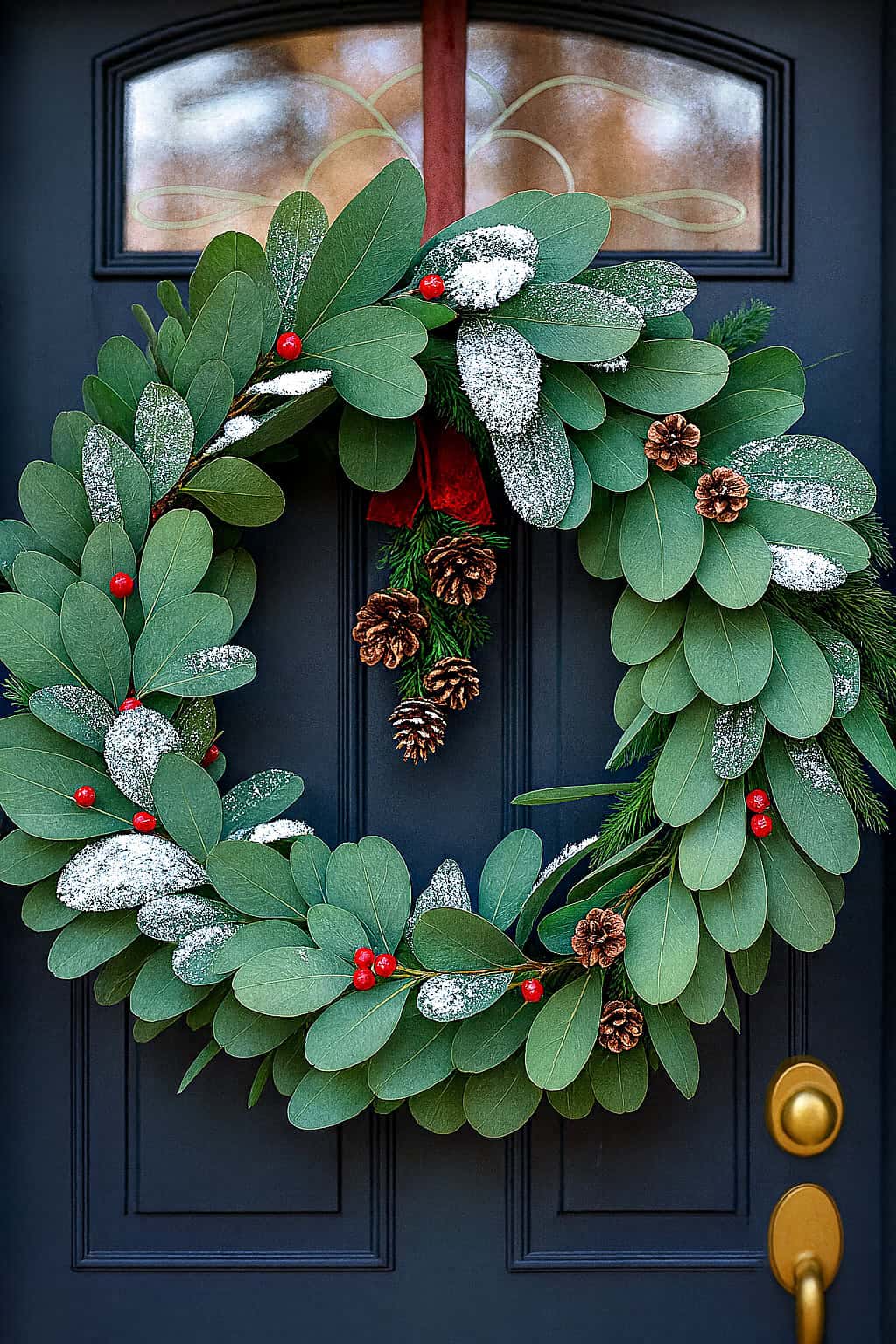 A green wreath with pinecones, red berries, and artificial snow hangs on a dark blue door with a gold door handle.