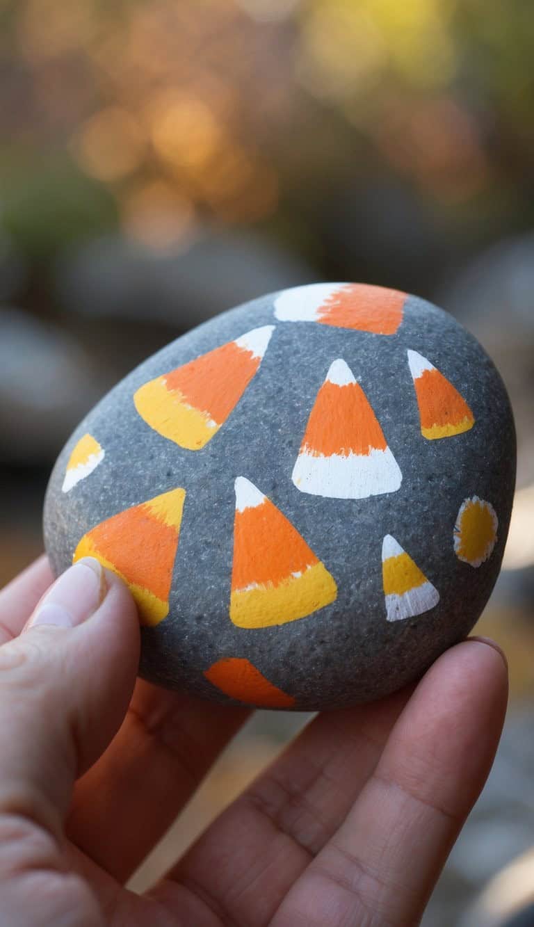 A hand holds a smooth gray rock painted with multiple candy corn designs in orange, yellow, and white.