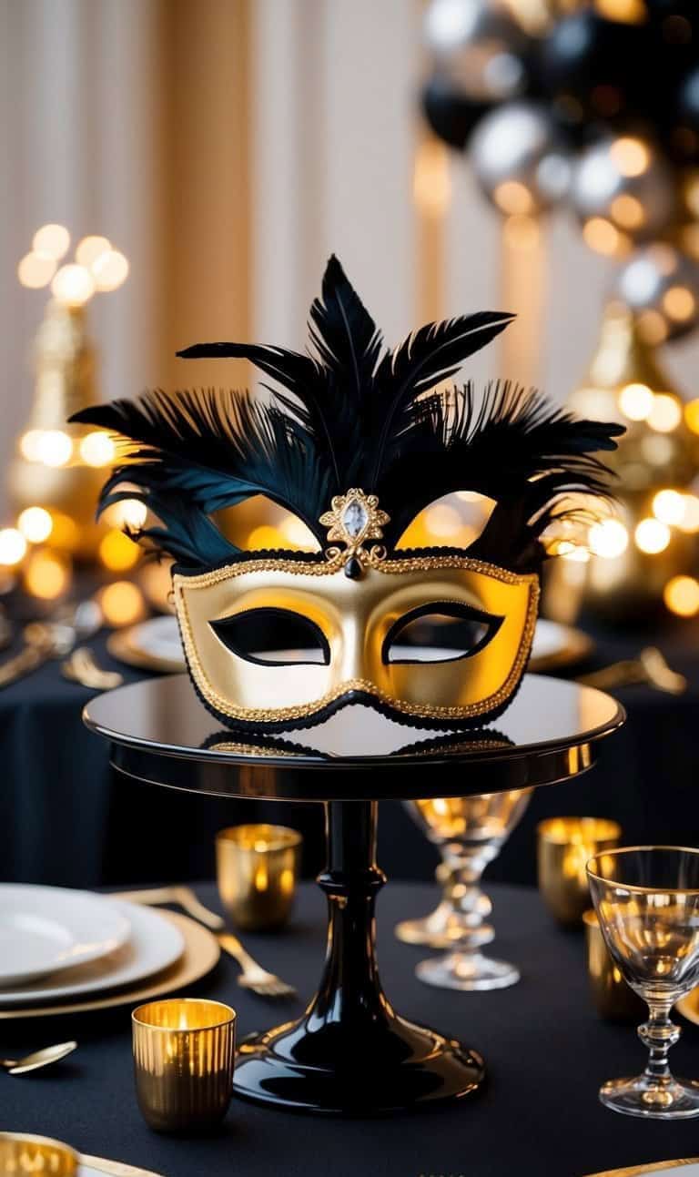 A gold and black masquerade mask with feathers sits on a black cake stand, surrounded by elegant tableware and gold decorations.
