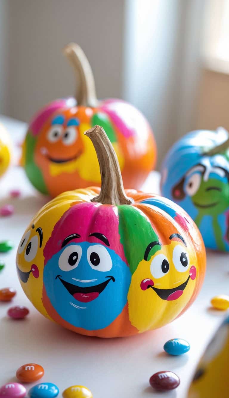 A pumpkin painted with colorful cartoon faces sits on a table, surrounded by scattered M&M candies. Other painted pumpkins are visible in the background.