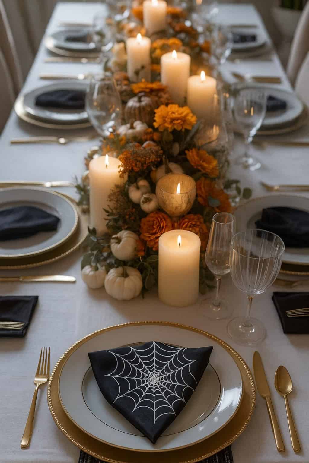 A formal dining table set with gold utensils, black napkins with white spiderweb patterns, white candles, and autumn floral and pumpkin decorations.