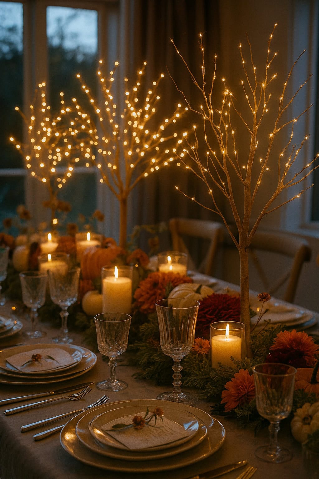 A dining table set with plates, glasses, candles, autumn flowers, pumpkins, and decorative trees with string lights, creating a warm and festive atmosphere.