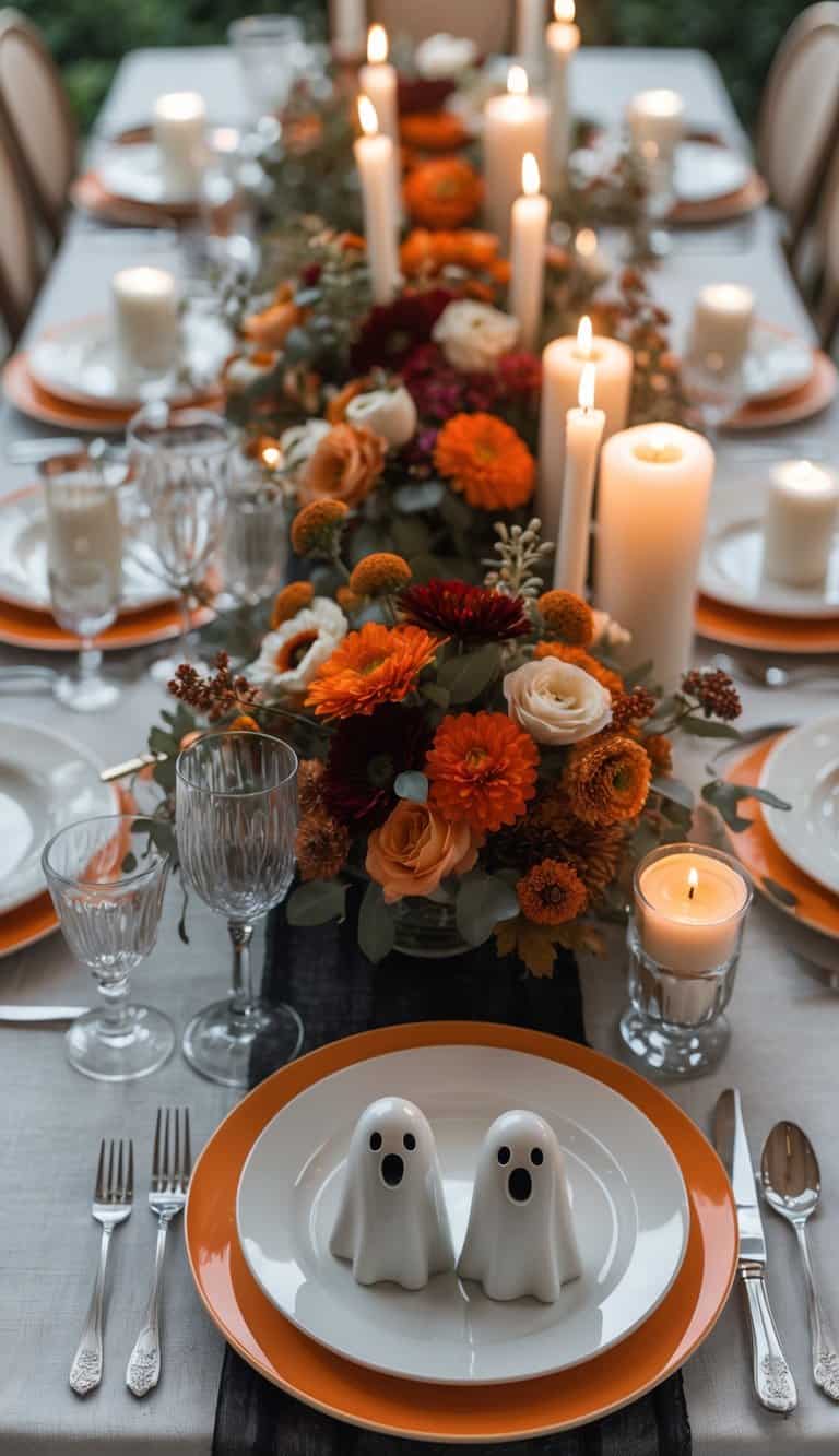 A dining table set for Halloween with ghost-shaped salt and pepper shakers, plates, glasses, cutlery, autumn flowers, and lit candles.