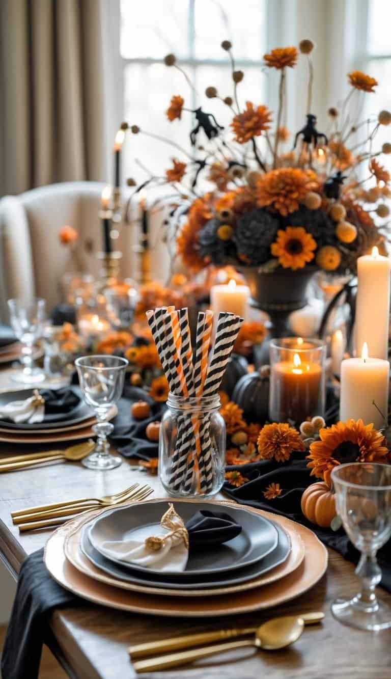 Dining table set for a Halloween event with striped black and orange paper straws in jars, plates, glasses, cutlery, candles, and autumn floral centerpieces.