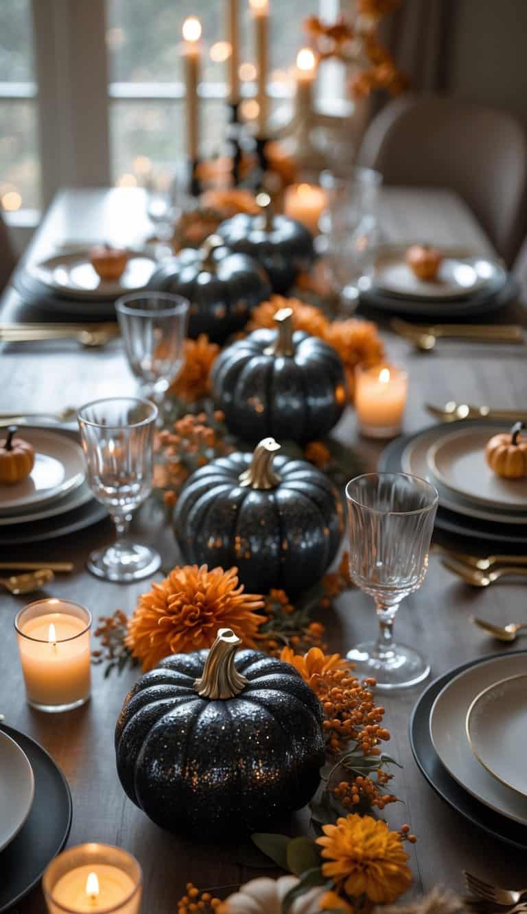 Dining table set for Halloween with black pumpkin salt cellars, plates, glasses, cutlery, candles, and flowers.