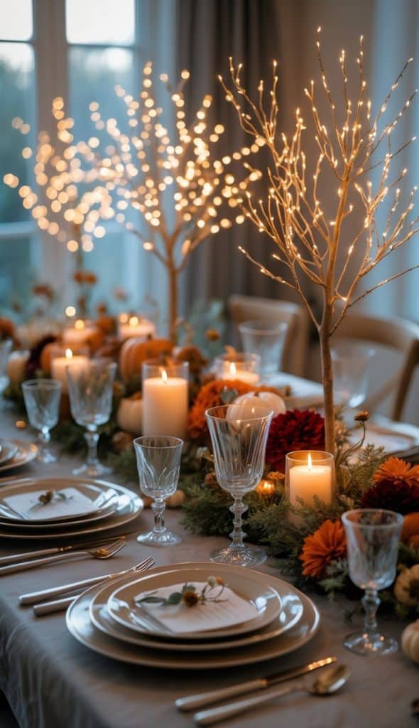 A dining table set with white dishes, glassware, candles, orange flowers, and decorative lighted trees, creating a festive and elegant atmosphere.