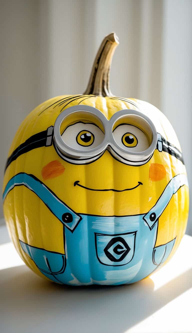 A close-up of a hand-painted pumpkin featuring a yellow Minion face with goggles on a clean tabletop.