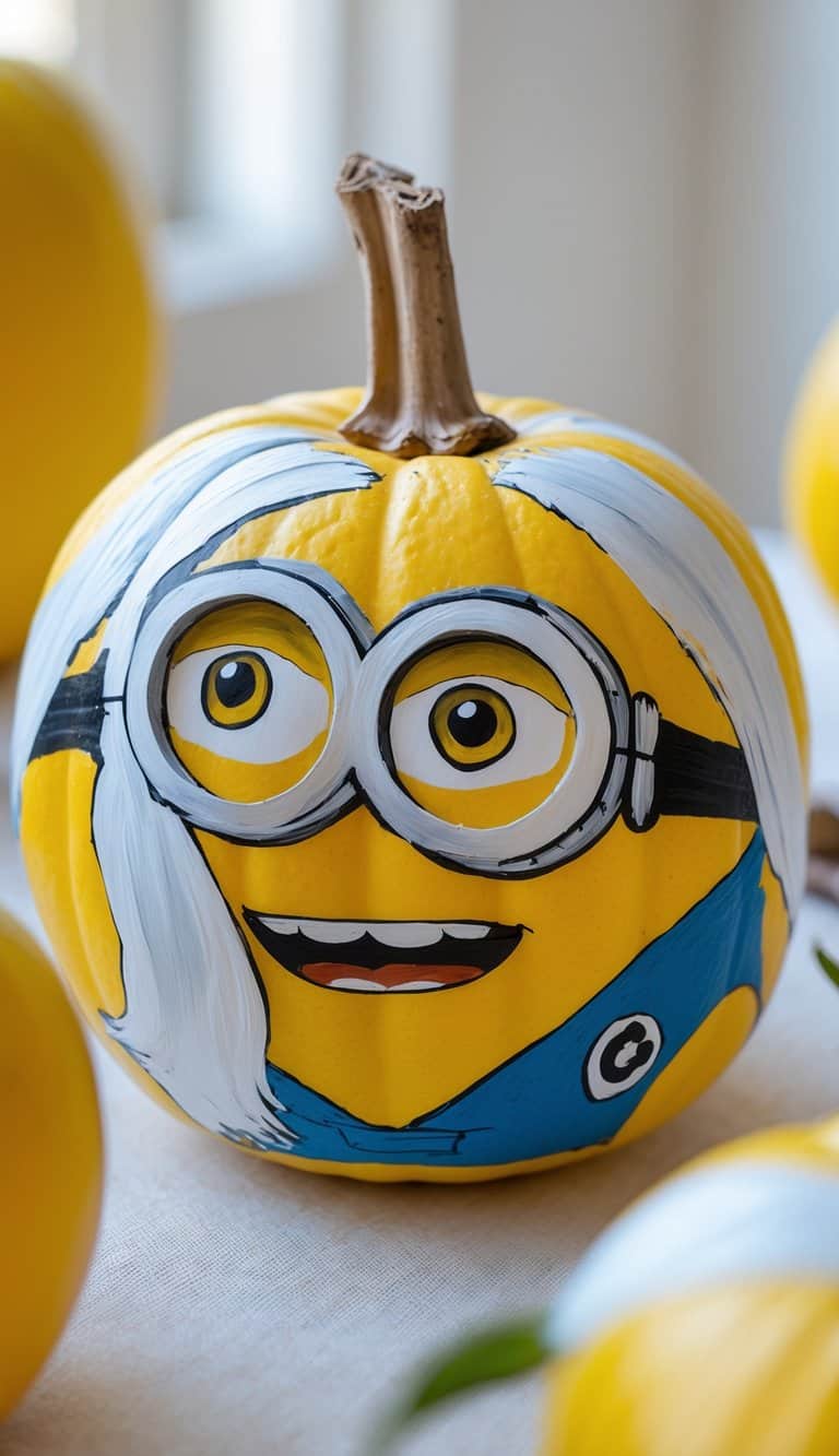 Close-up of one to two hand-painted pumpkins on a tabletop, featuring Minion-inspired designs with yellow paint, white hair, and a scarf on one pumpkin.