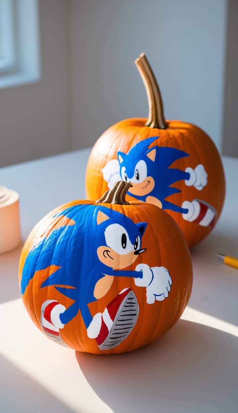 One to two painted pumpkins on a tabletop featuring colorful Sonic the Hedgehog running silhouettes, illuminated by soft daylight in a clean setting.