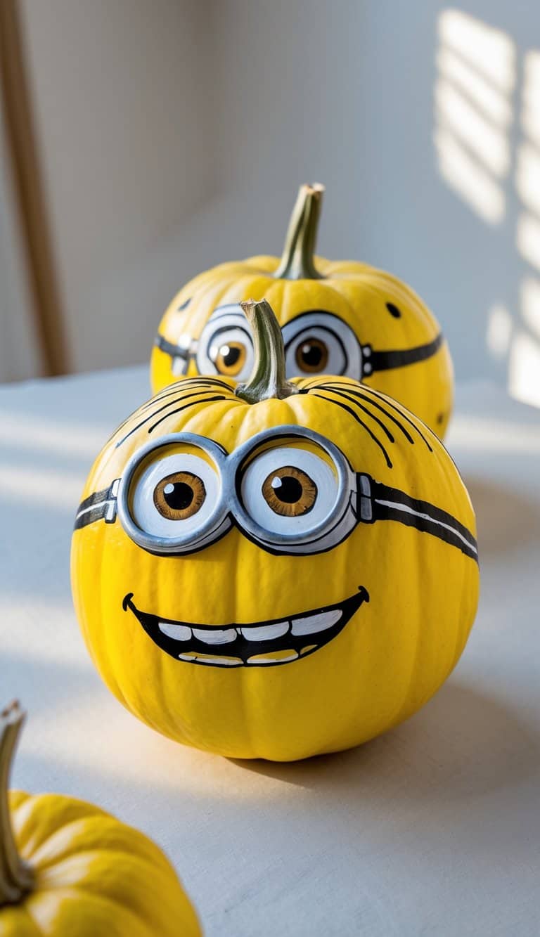 Close-up of one to two pumpkins painted as Minions on a tabletop with soft daylight and a clean background.
