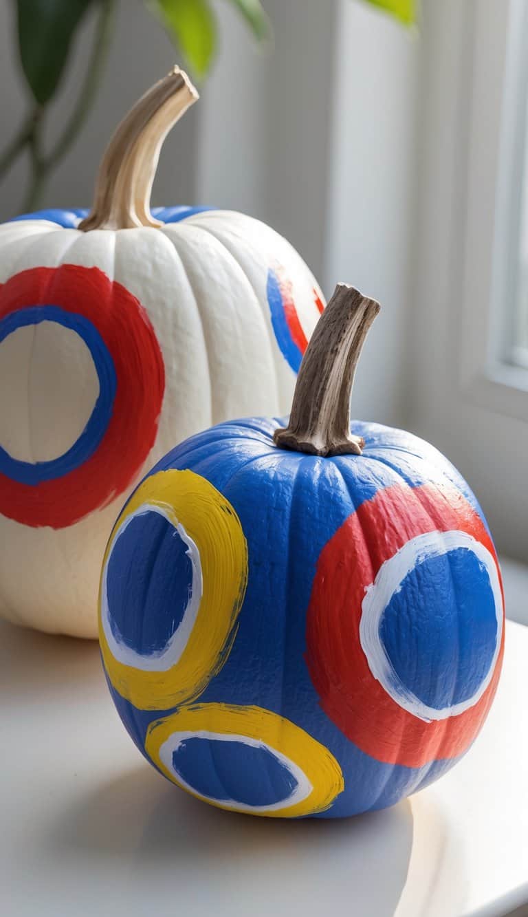 Close-up of one to two pumpkins painted with colorful Sonic the Hedgehog ring patterns on a tabletop under soft daylight.