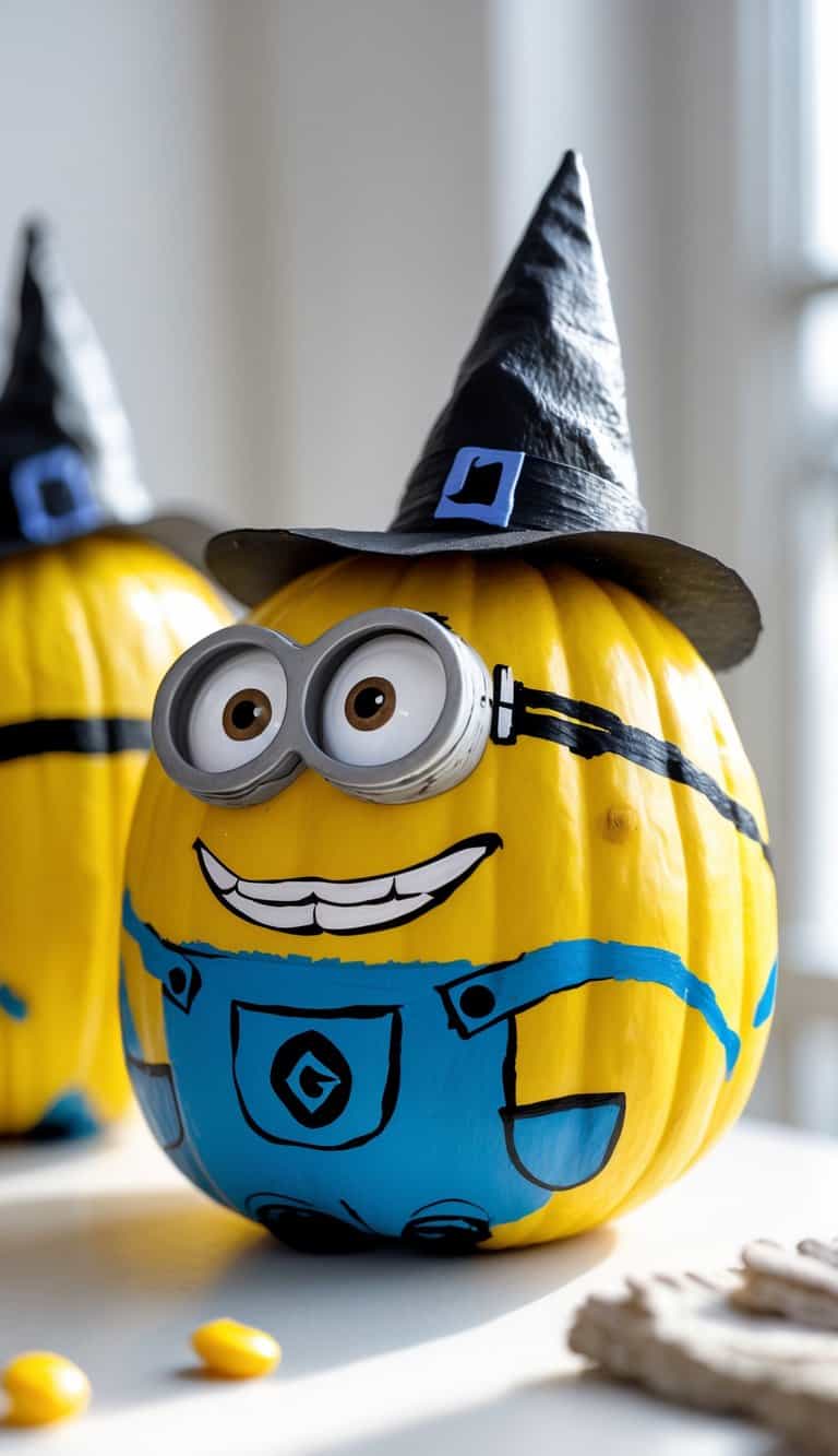 Close-up of one or two painted pumpkins designed as Minions wearing witch hats on a tabletop.