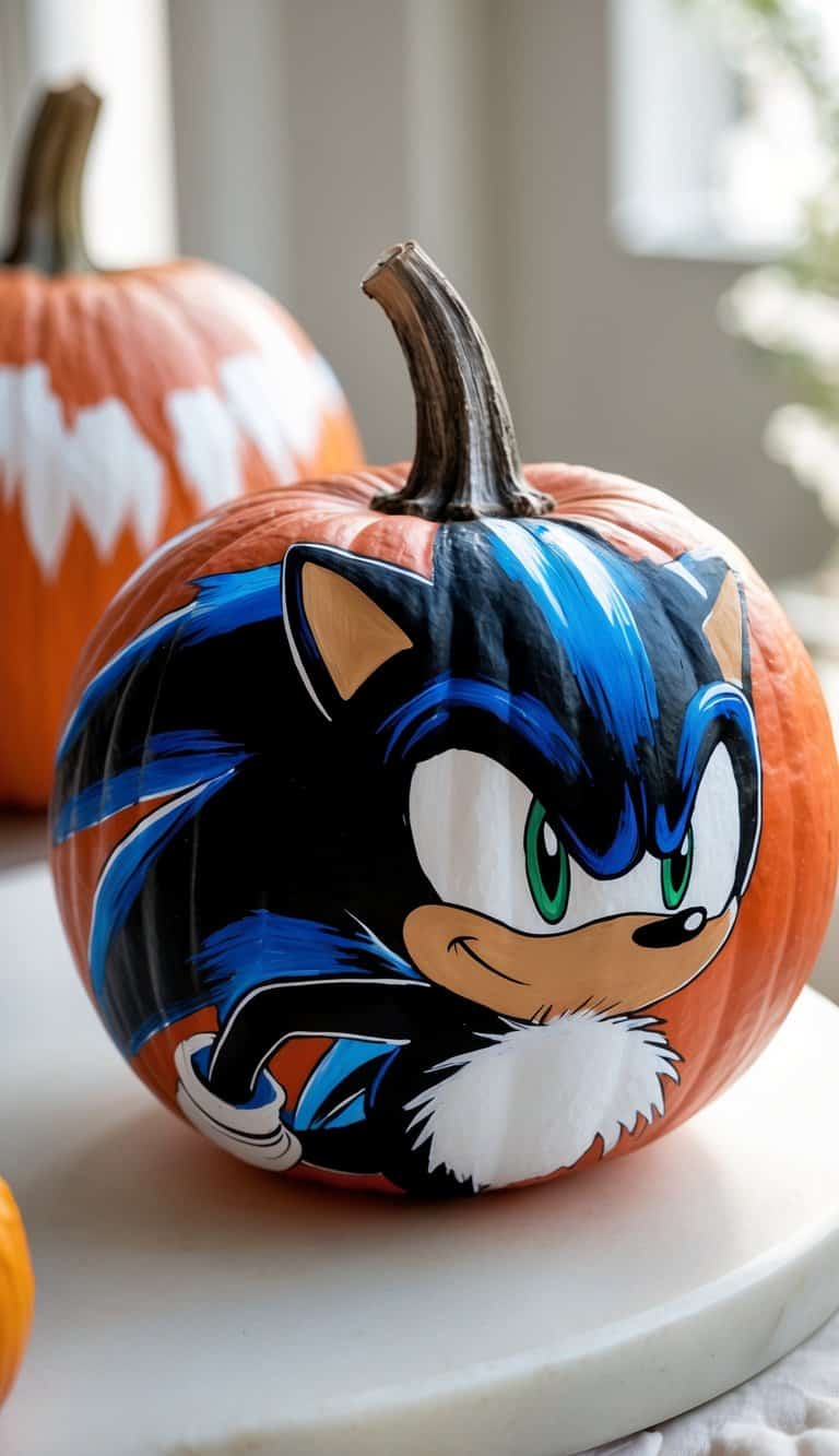 Close-up of one or two pumpkins painted with designs inspired by Shadow the Hedgehog, placed on a tabletop with soft daylight and a simple background.