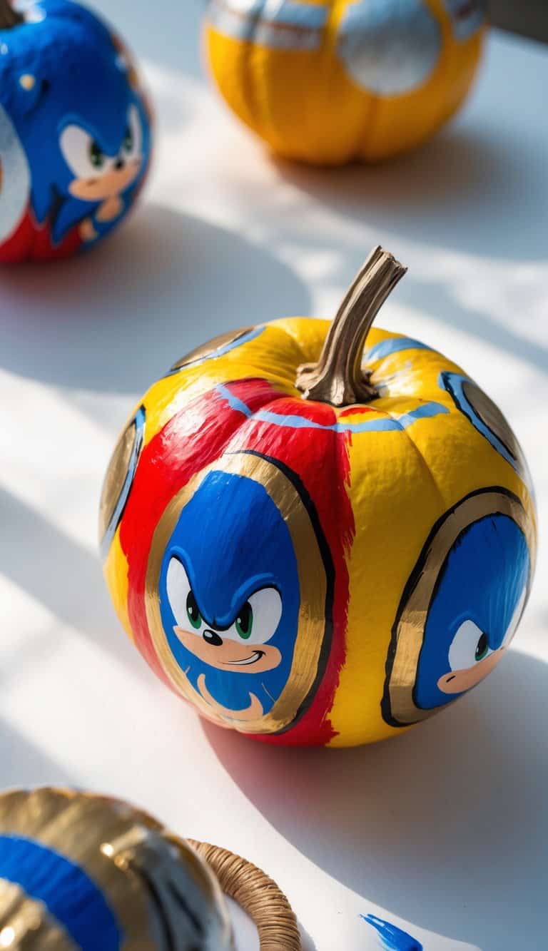 One to two pumpkins painted with colorful Sonic the Hedgehog ring designs on a clean tabletop, lit by soft daylight.