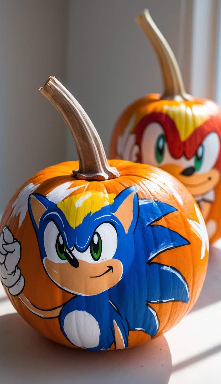 Close-up of one to two pumpkins painted with colorful Sonic the Hedgehog character designs on a tabletop.
