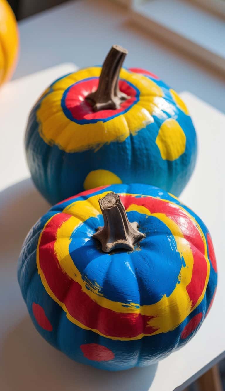 Close-up of one or two pumpkins painted with colorful Sonic the Hedgehog ring patterns on a tabletop under soft daylight.