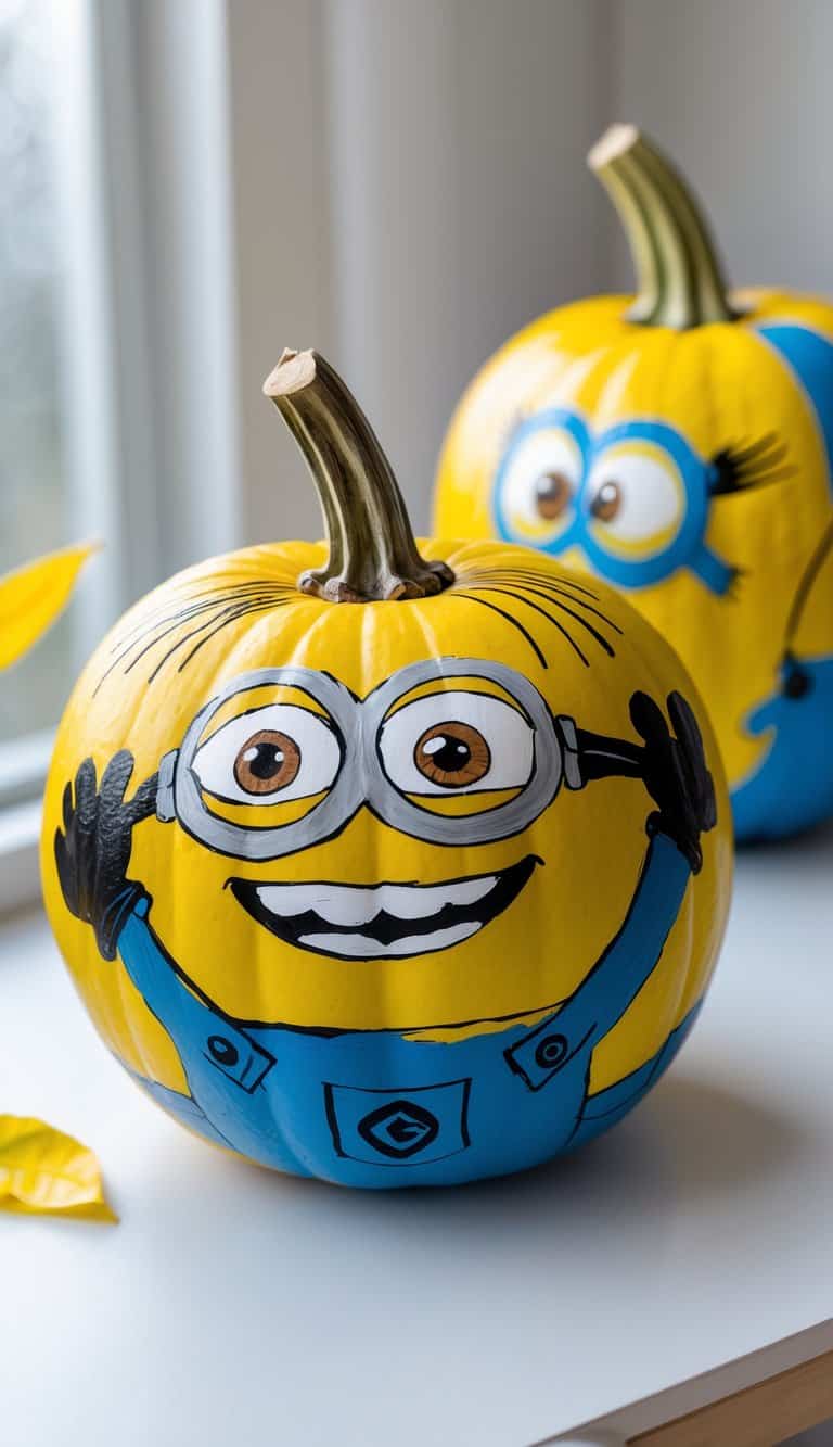 Close-up of one to two painted pumpkins on a table, decorated to look like Minion Bob’s teddy bear with bright yellow and blue colors.