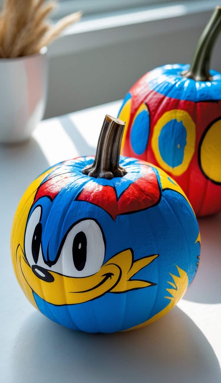 Close-up of one or two brightly painted pumpkins featuring colorful Sonic the Hedgehog-inspired designs on a tabletop with soft natural light.