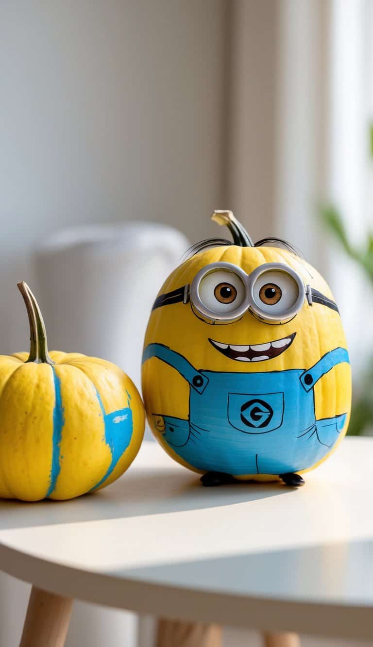 Close-up of one to two pumpkins painted to look like Minion Jerry, placed on a tabletop with soft natural light.