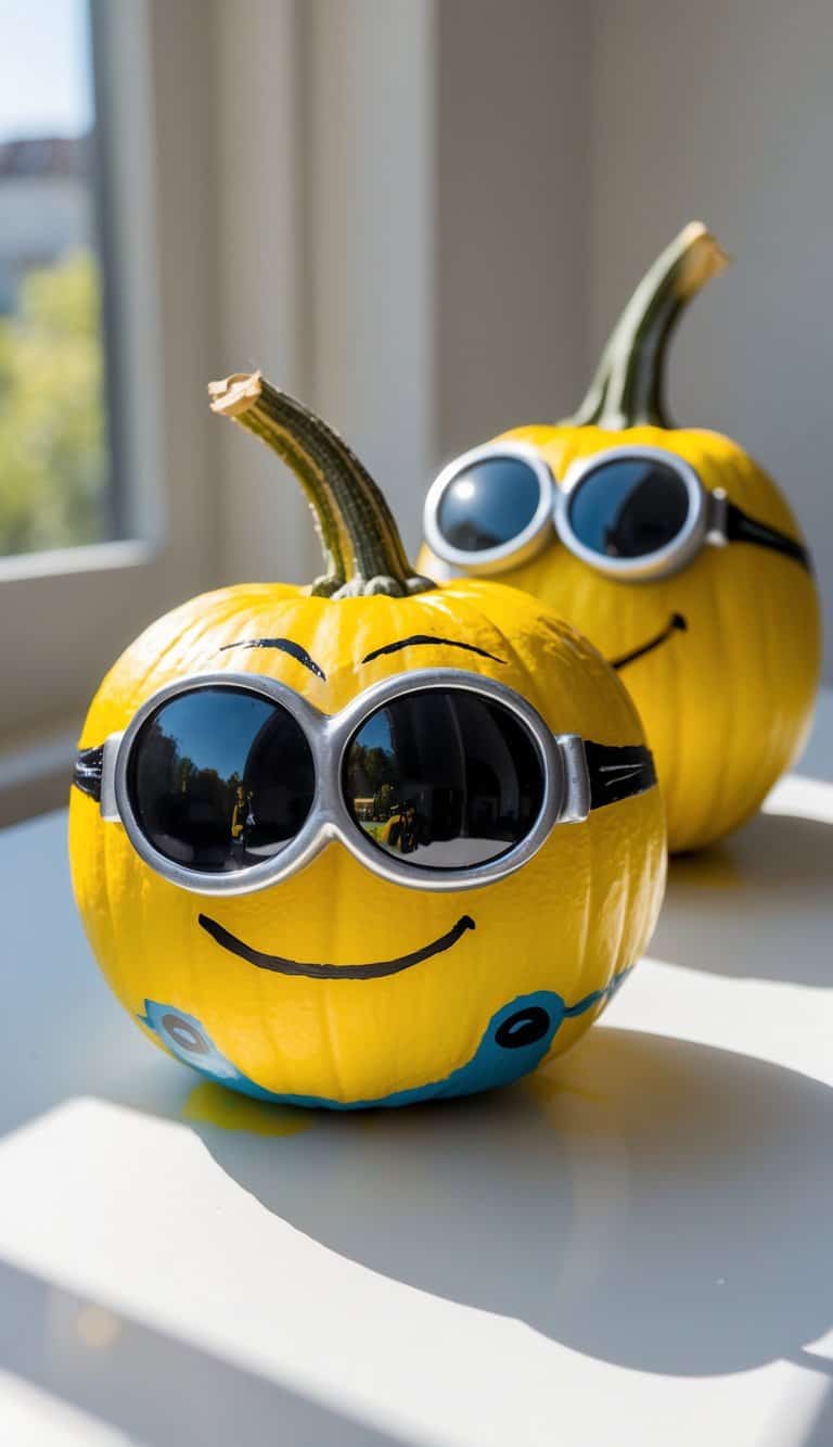 One to two painted pumpkins on a tabletop, decorated to look like Minions wearing sunglasses.