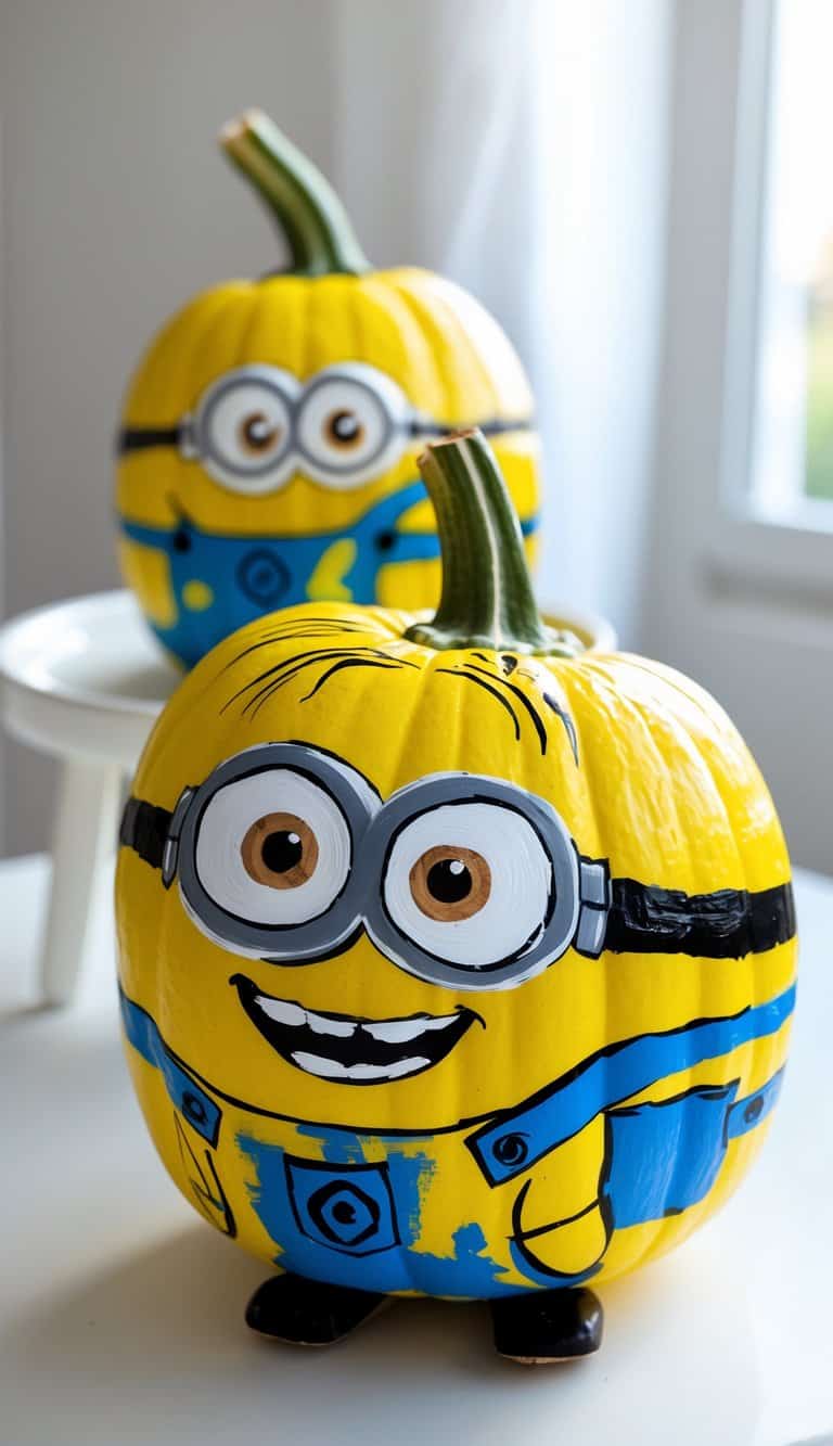 Close-up of one to two pumpkins painted as Minions with yellow tool belts on a tabletop under soft daylight.