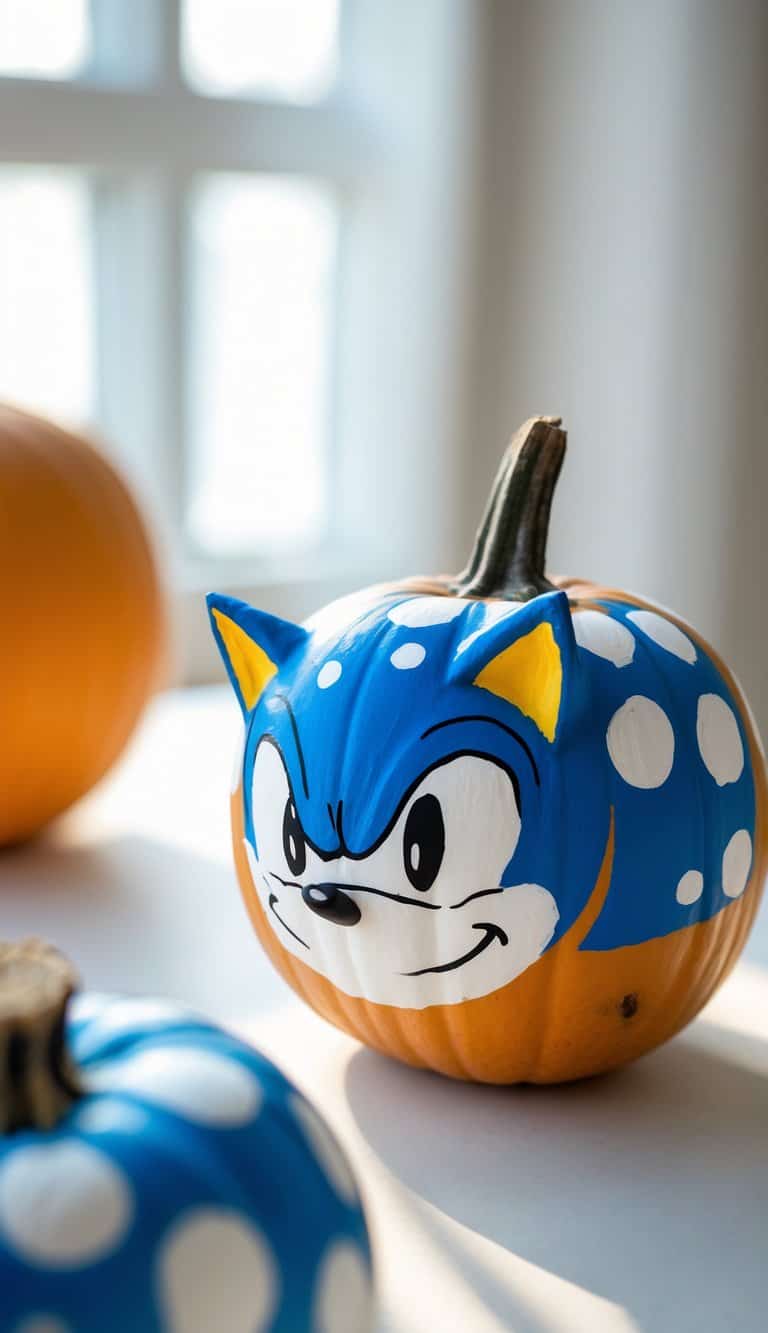 One to two pumpkins painted with blue and white polka dots sitting on a tabletop under soft daylight.
