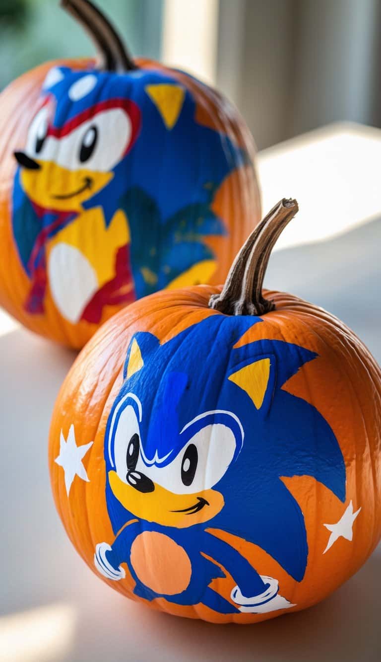 Close-up of one to two hand-painted pumpkins with colorful Sonic the Hedgehog designs on a clean tabletop under soft daylight.