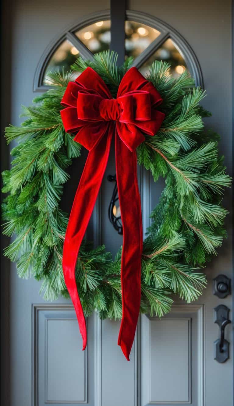 A Christmas wreath made of green fir branches with a large red velvet bow hanging on a front door.