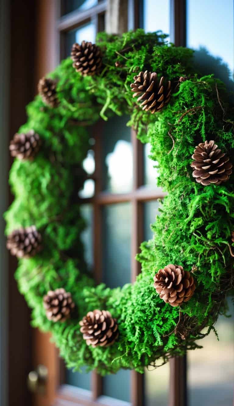 A green moss wreath decorated with pinecones hanging on a front door.
