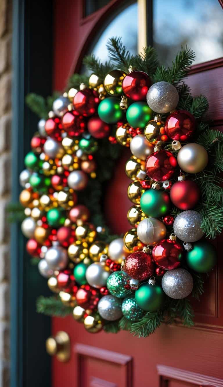 A colorful Christmas wreath made of small clustered ornaments hanging on a red front door.
