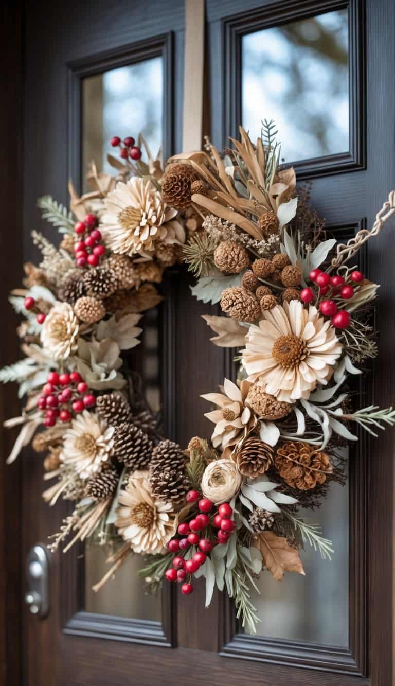 A natural dried flowers and berries Christmas wreath hanging on a wooden front door.
