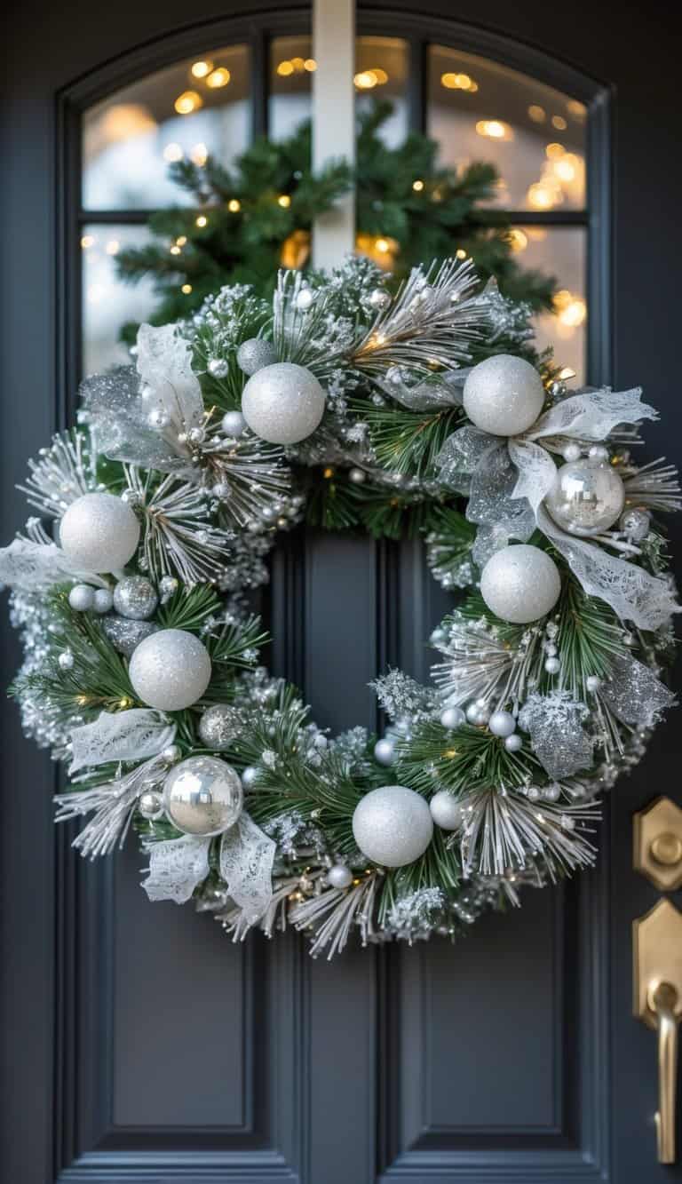 A glittery silver and white pine wreath hanging on a front door decorated for Christmas.