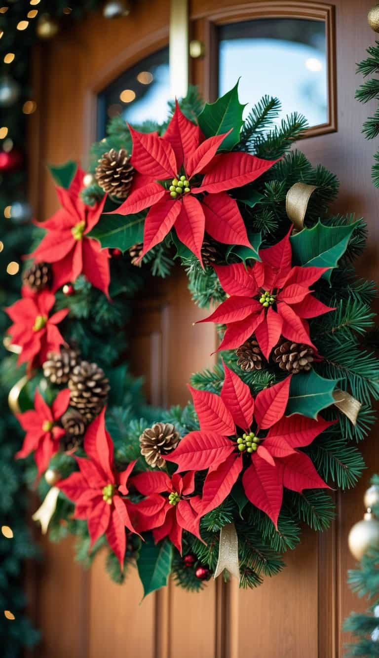 A Christmas wreath with red poinsettia flowers hanging on a wooden front door.